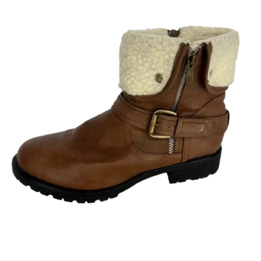 Bumper Brown Womens Faux Leather Sherpa Faux Fur Ankle Boots Buckle Detail Sz 9